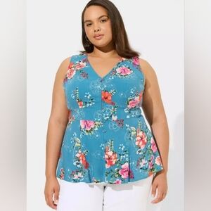 NWT TORRID Blue Floral Button Up Peplum Tank Top Waist Tie Plus Size 3X 22/24